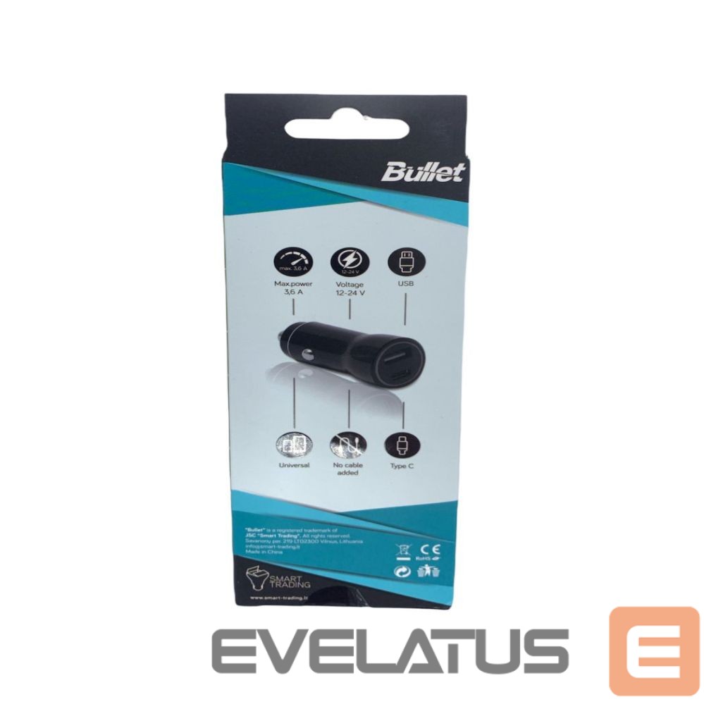Адаптер - BULLET USB Car Charger Q3.0 + Type C 2.4A Black