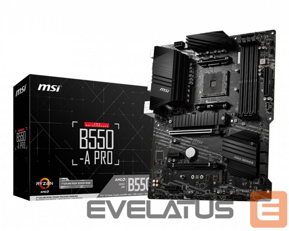 Материнская плата для процессоров Intel MSI B550-A PRO Processor family AMD, Processor socket AM4, DDR4 DIMM, Memory slots 4, Supported hard disk drive interfaces SATA, M.2, Number of SATA connectors 6, Chipset AMD B550, ATX