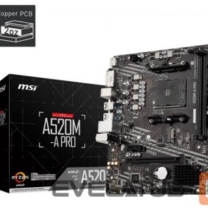 Материнская плата для процессоров AMD MSI  Mainboard||AMD A520|SAM4|MicroATX|1xPCI-Express 3.0 1x|1xPCI-Express 3.0 16x|1xM.2|Memory DDR4|Memory slots 2|1xDVI|1xHDMI|2xAudio-Out|2xUSB 2.0|4xUSB 3.2|1xRJ45|A520M-APRO 