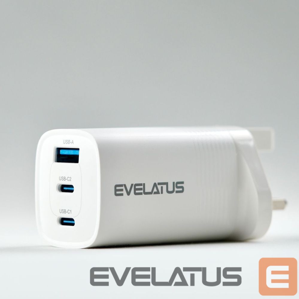 Адаптер Evelatus 65W Max Fast Charger UK USB-C1/USB-C1/USB-A White