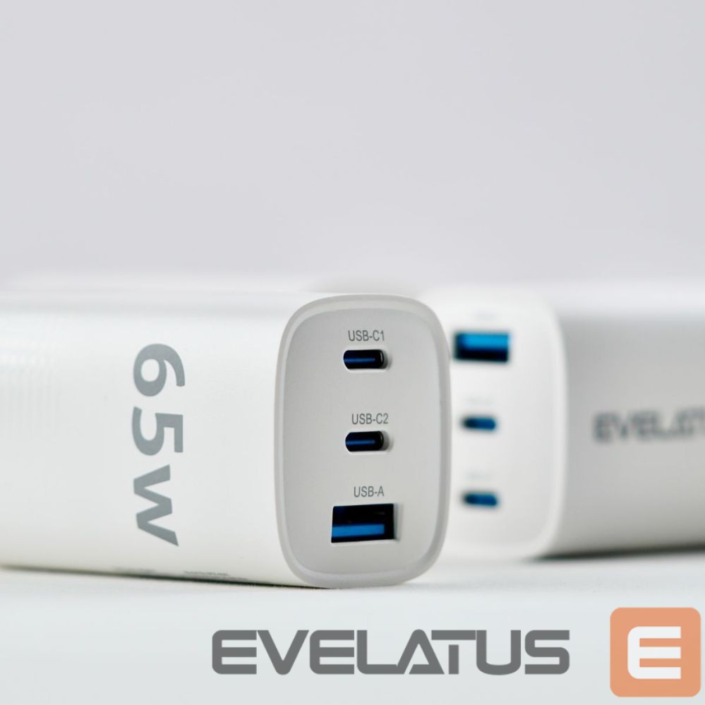 Адаптер Evelatus 65W Max Fast Charger UK USB-C1/USB-C1/USB-A White