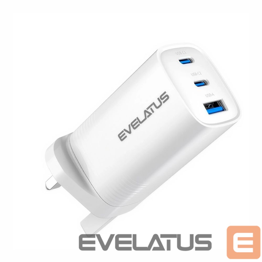 Адаптер Evelatus 65W Max Fast Charger UK USB-C1/USB-C1/USB-A White