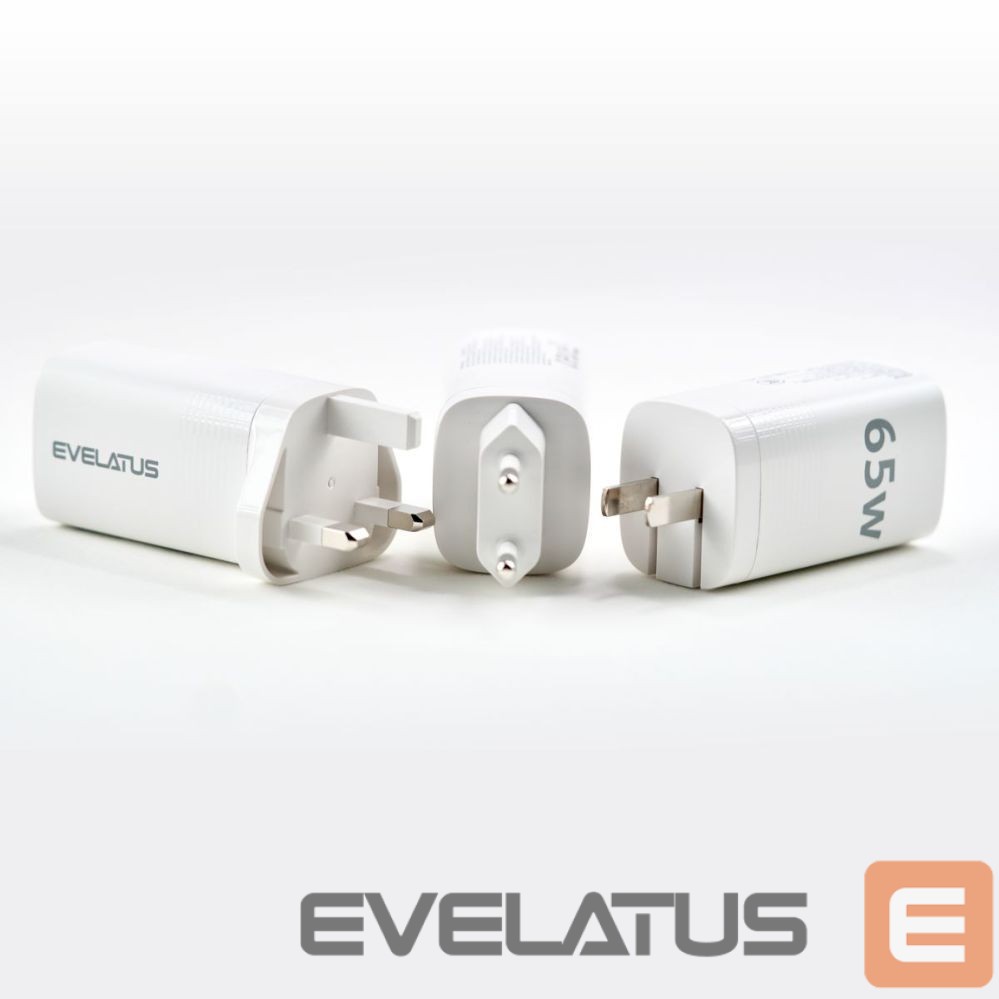 Адаптер Evelatus 65W Max Fast Charger UK USB-C1/USB-C1/USB-A White