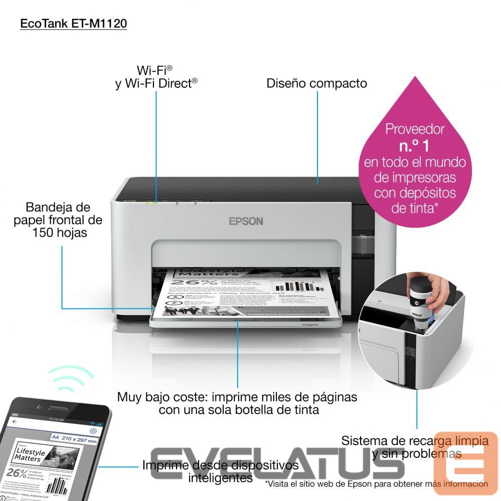 Принтер EPSON Printer EcoTank M1120 Mono, Inkjet, Standard, Wi-Fi, A4, Grey