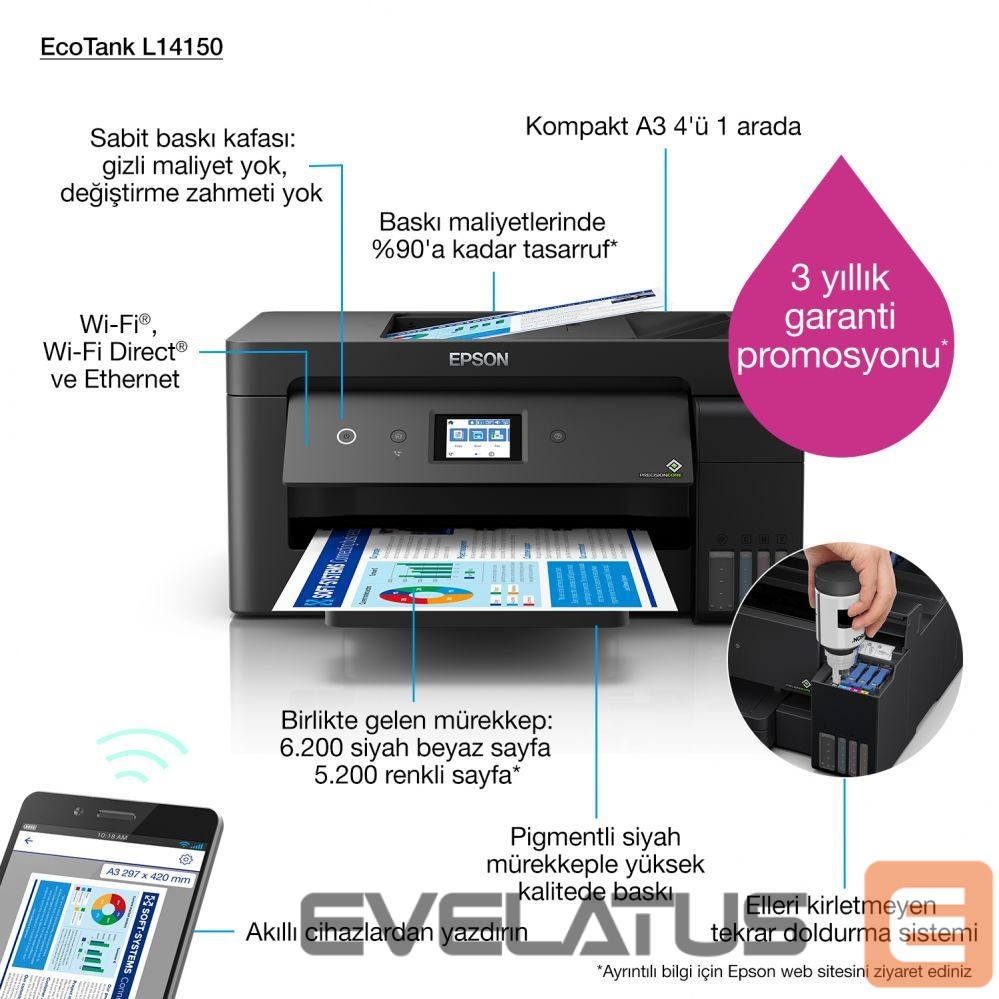 Принтер EPSON EcoTank L14150 Colour, Inkjet, Multifunction Printer, A3+, Wi-Fi, Black