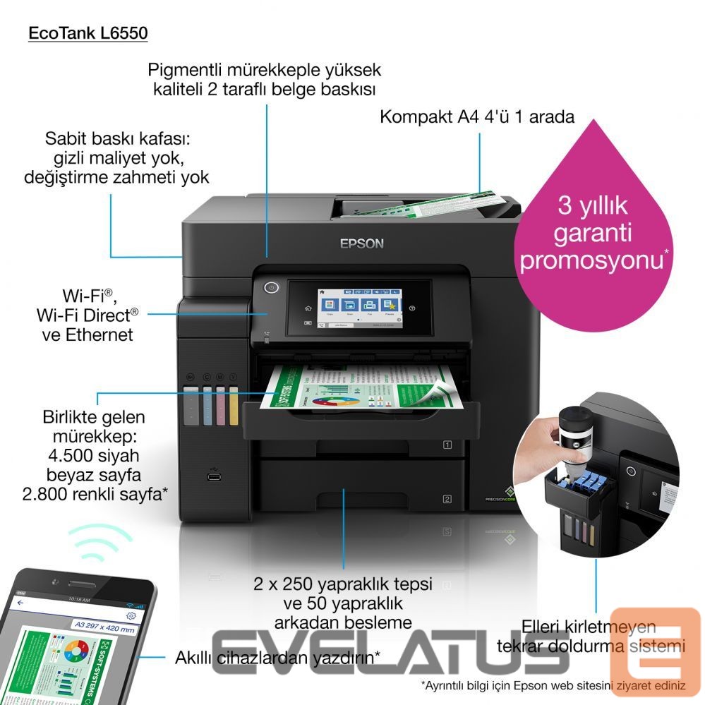 Принтер EPSON Multifunctional Printer EcoTank L6550 Colour, Inkjet, A4, Wi-Fi, Black