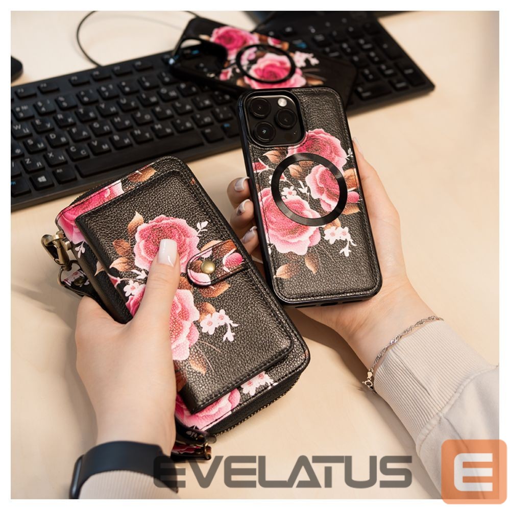 Чехол на заднюю панель Evelatus Apple iPhone 14 Pro Leather Case Zipper Design Flower Black