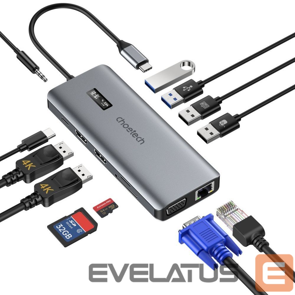 Кабель Choetech Choetech multifunctional HUB with display 12in1 USB-C to USB-C / USB-A / HDMI / VGA / AUX / SD / TF gray (HUB-M26)