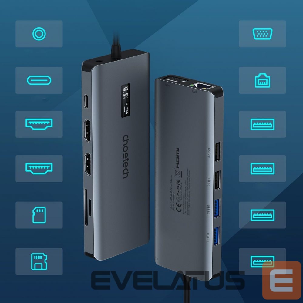Кабель Choetech Choetech multifunctional HUB with display 12in1 USB-C to USB-C / USB-A / HDMI / VGA / AUX / SD / TF gray (HUB-M26)