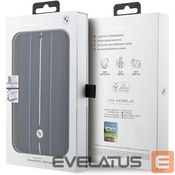 Чехол на заднюю панель BMW Case BMW BMBKP14L22RVSK iPhone 14 Pro 6.1" black/black bookcase Leather Stamp Blue Lines