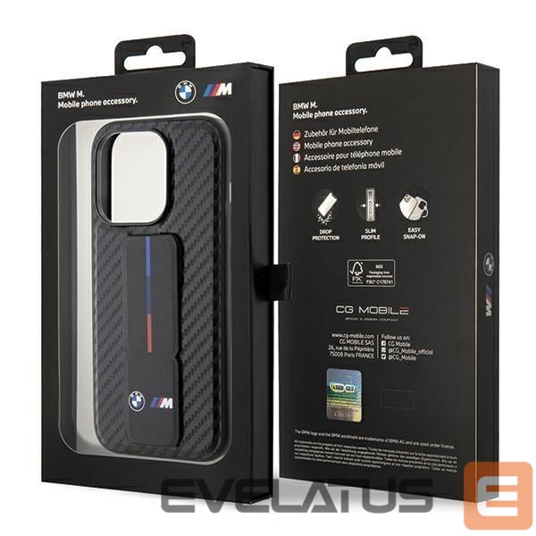 Чехол на заднюю панель BMW BMW Grip Stand Smooth & Carbon case for iPhone 15 Pro - black