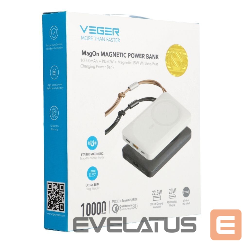 Внешний аккумулятор Veger Powerbank compatible with Magsafe Veger MagOn (VP1151 / W1151) PD QC3.0 2A 20W with wireless charging 10000 mAh white