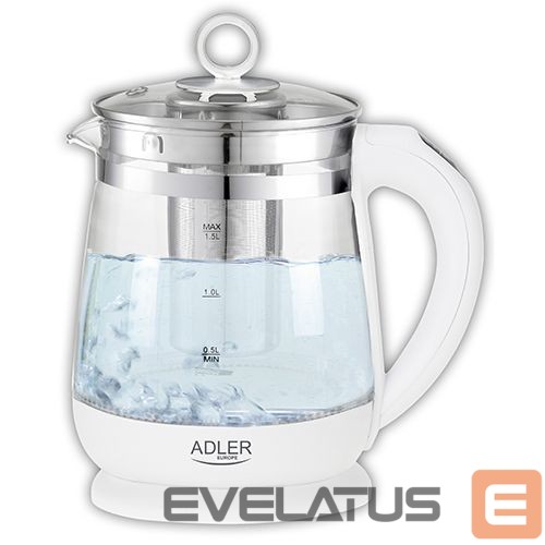 Чайник Adler Kettle AD 1299 Electric, 2200 W, 1.5 L, Glass/Stainless steel, 360° rotational base, White