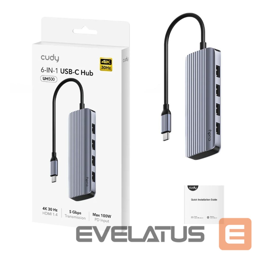 Роутер Cudy UH500 PortMate USB-C 6-in-1 Hub 4K 30Hz HDMI USB-C PD 4x USB-A 3.0 Aluminum Grey