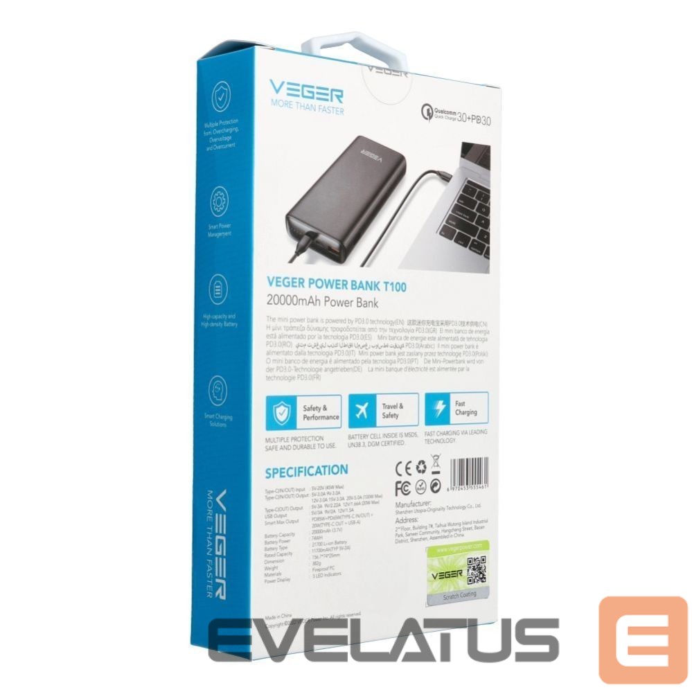 Внешний аккумулятор Veger Powerbank Veger T100 (W2032C-100) PD QC3.0 5A 100W 20000 mAh black