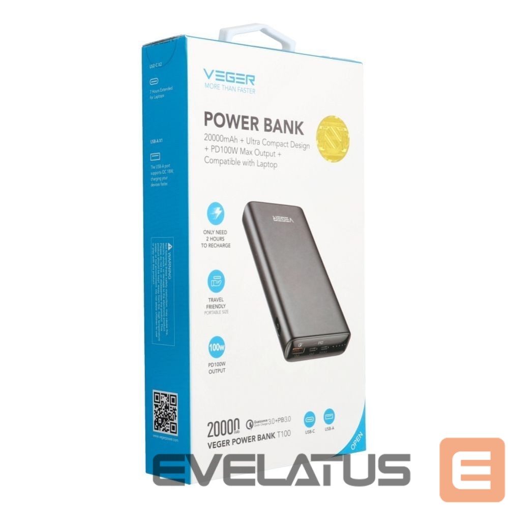 Внешний аккумулятор Veger Powerbank Veger T100 (W2032C-100) PD QC3.0 5A 100W 20000 mAh black