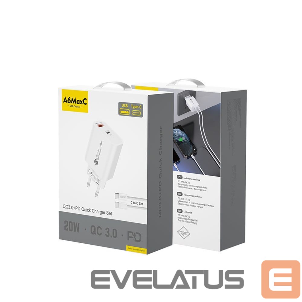 Адаптер Hurtel A6MaxL 20W USB-A USB-C wall charger with USB-C - USB-C 1m cable - white