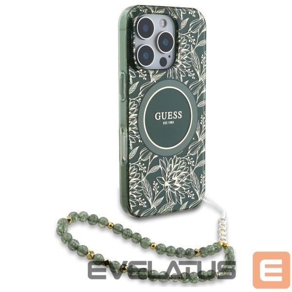 Другие товары Guess Guess IML Flowers Allover Electro With Pearl Strap MagSafe case for iPhone 16 Pro Max - green