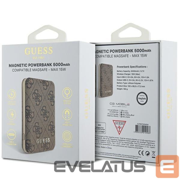 Другие товары Guess Guess Powerbank inductive 15W GUPB5FP4EMGW 5000mAh brown/brown 4G Leather Metal Logo MagSafe