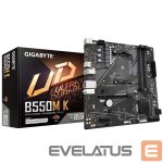 Материнская плата для процессоров Intel Gigabyte  B550M K 1.0 M/B Processor family AMD, Processor socket AM4, DDR4 DIMM, Memory slots 4, Supported hard disk drive interfaces 	SATA, M.2, Number of SATA connectors 4, Chipset AMD B550, Micro ATX 