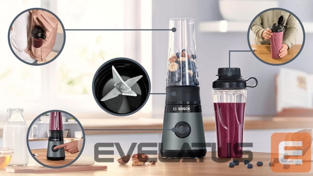 Миксеры и блендеры Bosch VitaPower ToGo Smoothie Maker MMB2111S Tabletop, 450 W, Jar material Tritan, Jar capacity 0.6 L, Ice crushing, Silver