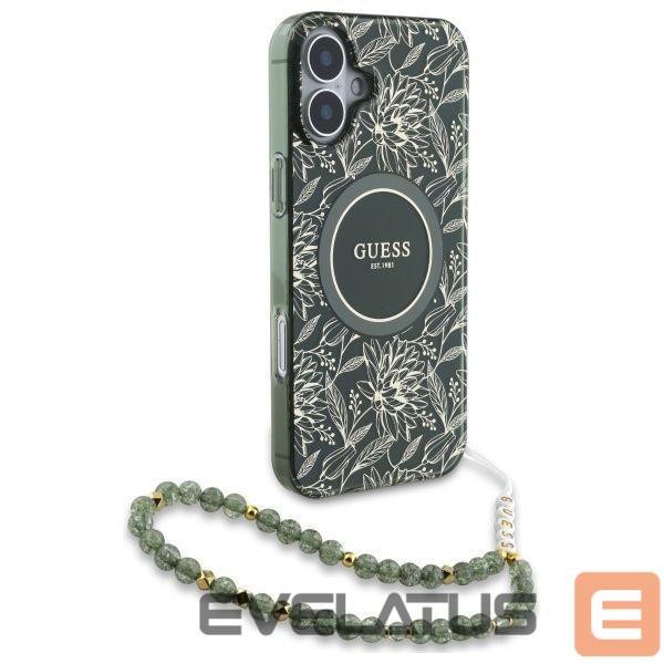Другие товары Guess Guess IML Flowers Allover Electro With Pearl Strap MagSafe case for iPhone 16 - green