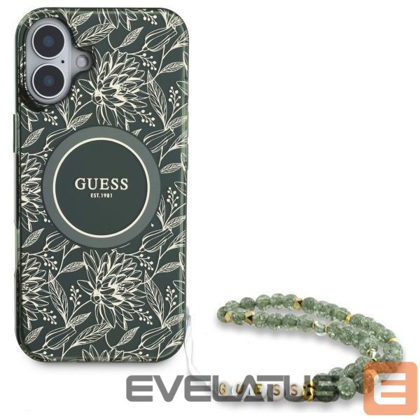 Другие товары Guess Guess IML Flowers Allover Electro With Pearl Strap MagSafe case for iPhone 16 - green