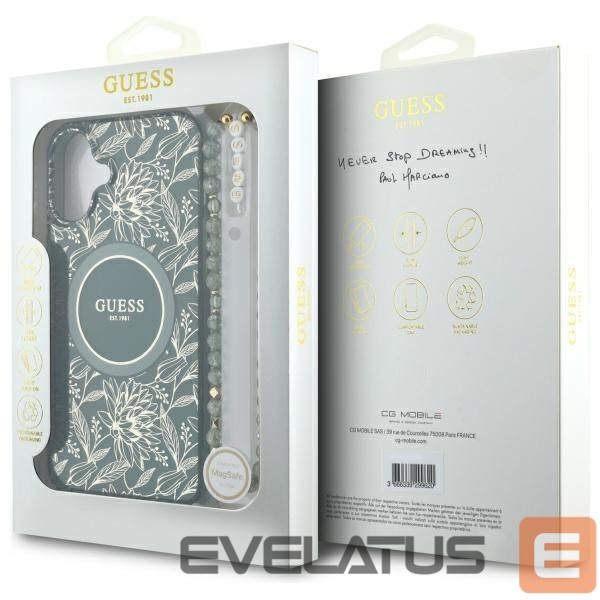 Другие товары Guess Guess IML Flowers Allover Electro With Pearl Strap MagSafe case for iPhone 16 - green