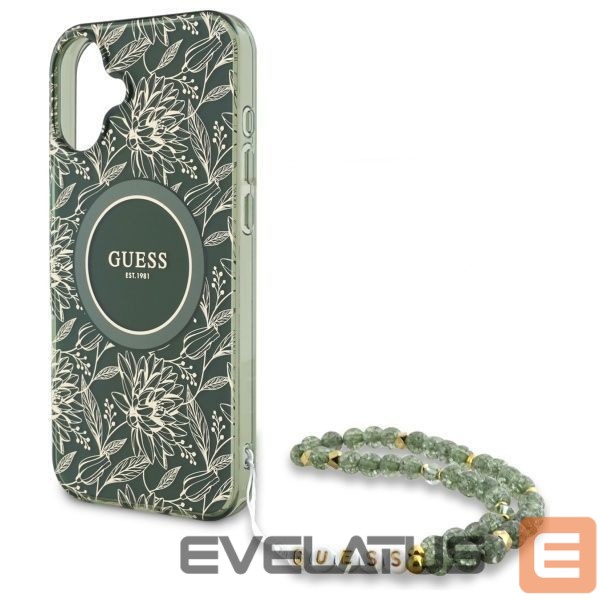 Другие товары Guess Guess IML Flowers Allover Electro With Pearl Strap MagSafe case for iPhone 16 - green