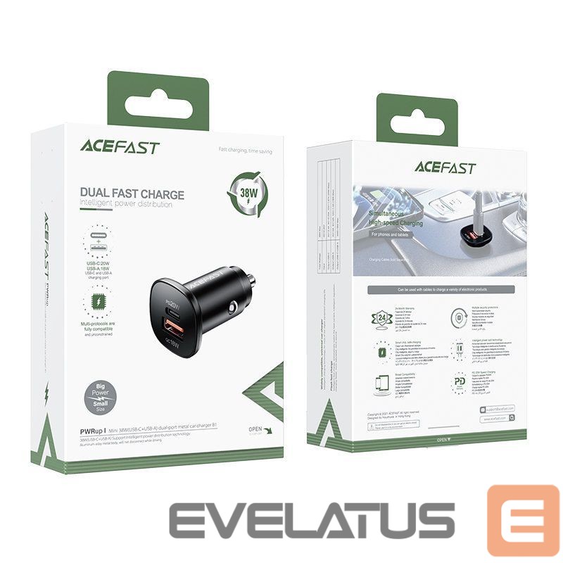 Адаптер Acefast Acefast car charger 38W USB Type C / USB, PPS, Power Delivery, Quick Charge 3.0, AFC, FCP black (B1 black)