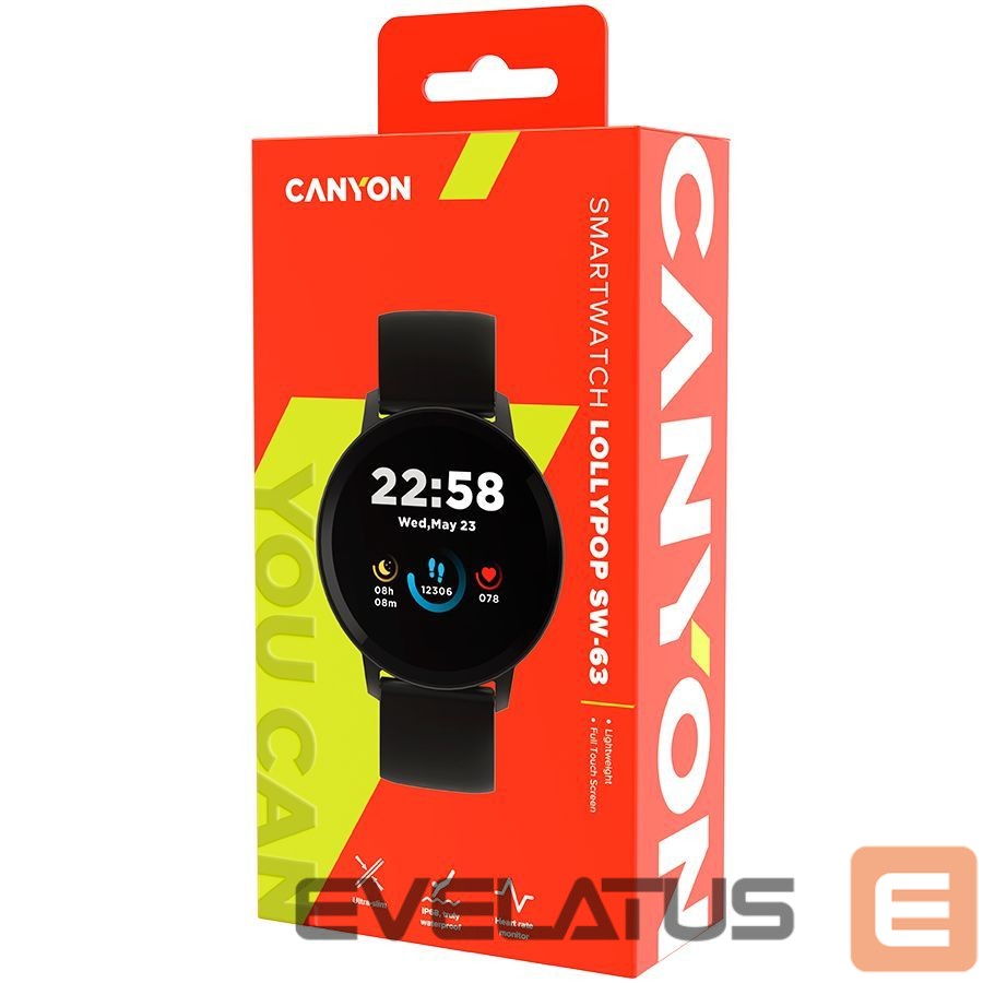 Умные часы Canyon CANYON Lollypop SW-63, Smart watch, 1.3inches IPS full touch screen, Round watch, IP68 waterproof, multi-sport mode, BT5.0, compatibility with iOS and android, black, Host: 25.2*42.5*10.7mm, Strap: 20*250mm, 45g