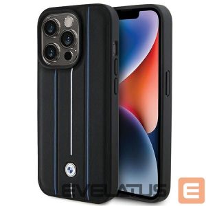 Другие товары BMW  BMW Leather Stamp Blue Line Case for iPhone 15 Pro Max - Black 