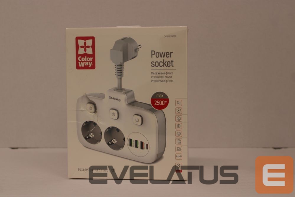 Кабель ColorWay SALE OUT. CW-CHE24PDW Power Socket: 2xEU plugs/3xUSB-A/1xUSB-C White 2.5M | Power Socket | CW-CHE24PDW | DAMAGED PACKAGING