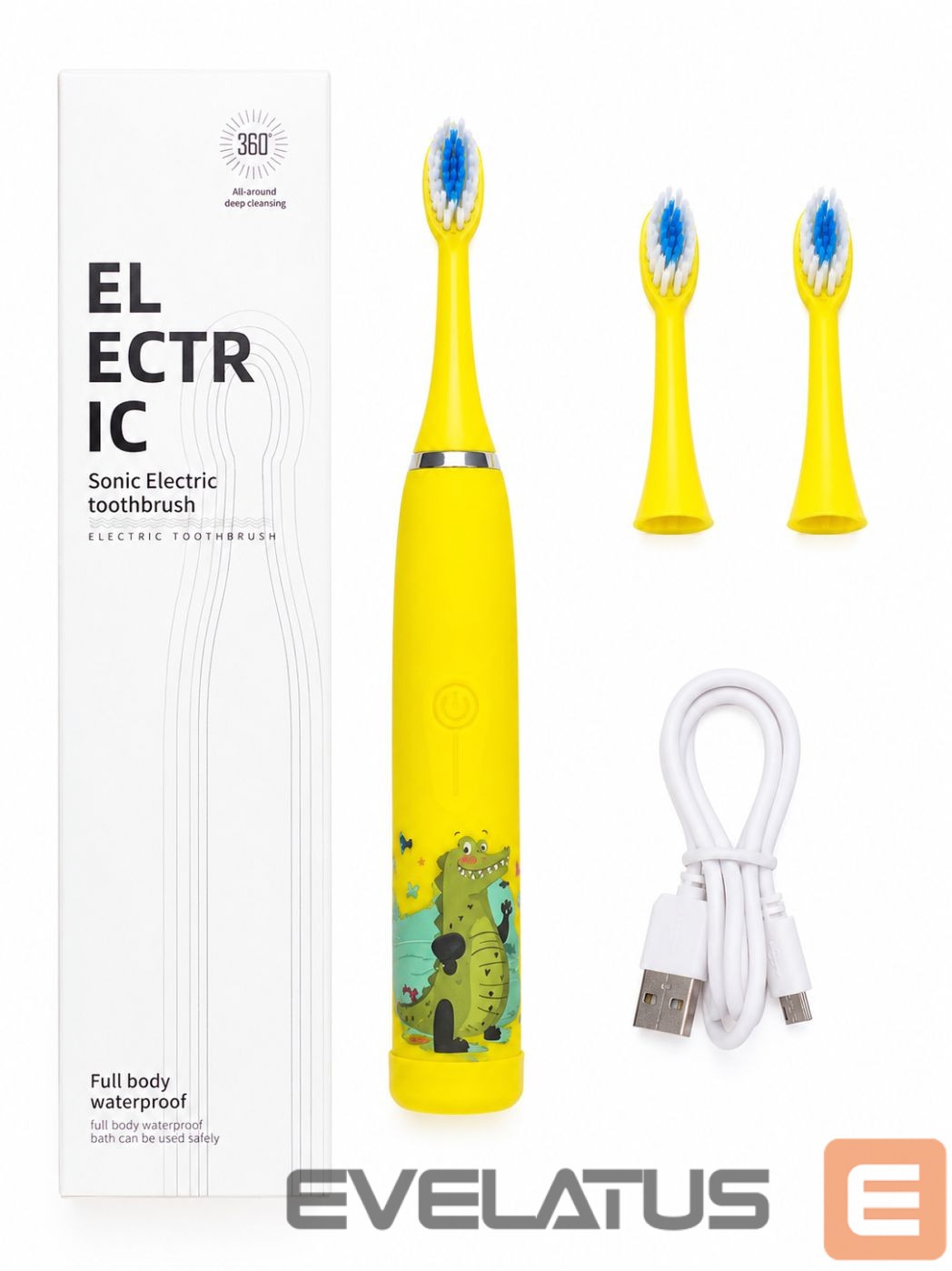 Зубная щётка iLike Kids Rechargeable Sonic Electric Toothbrush, USB Charging, 3 Brush Heads (1+2 Replacement Heads), Soft Bristles, Waterproof, Yellow Crocodile Design Yellow
