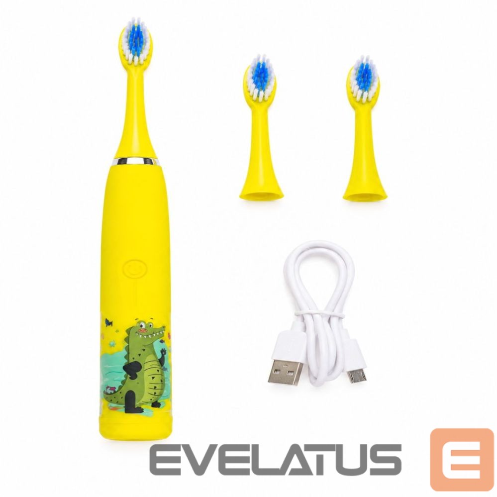 Зубная щётка iLike Kids Rechargeable Sonic Electric Toothbrush, USB Charging, 3 Brush Heads (1+2 Replacement Heads), Soft Bristles, Waterproof, Yellow Crocodile Design Yellow