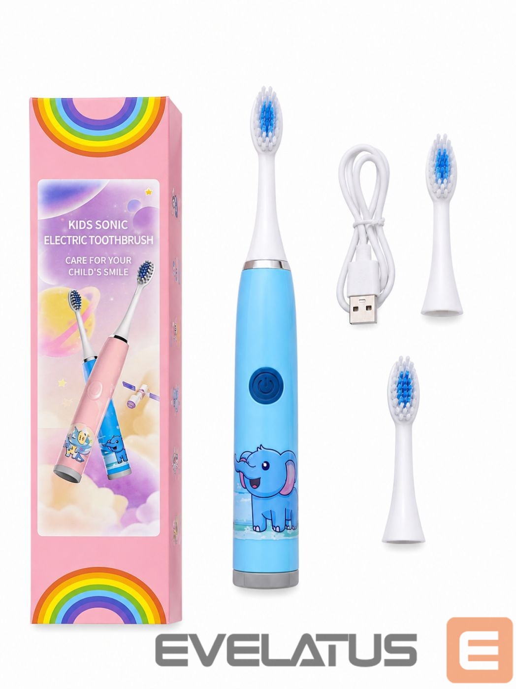 Зубная щётка iLike Kids Rechargeable Sonic Electric Toothbrush, USB Charging, 3 Brush Heads (1+2 Replacement Heads), Soft Bristles, Waterproof, Blue Elephant Design Blue