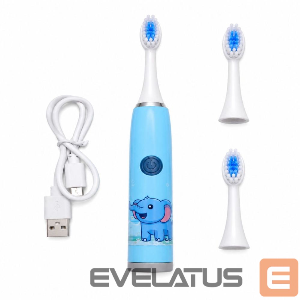 Зубная щётка iLike Kids Rechargeable Sonic Electric Toothbrush, USB Charging, 3 Brush Heads (1+2 Replacement Heads), Soft Bristles, Waterproof, Blue Elephant Design Blue