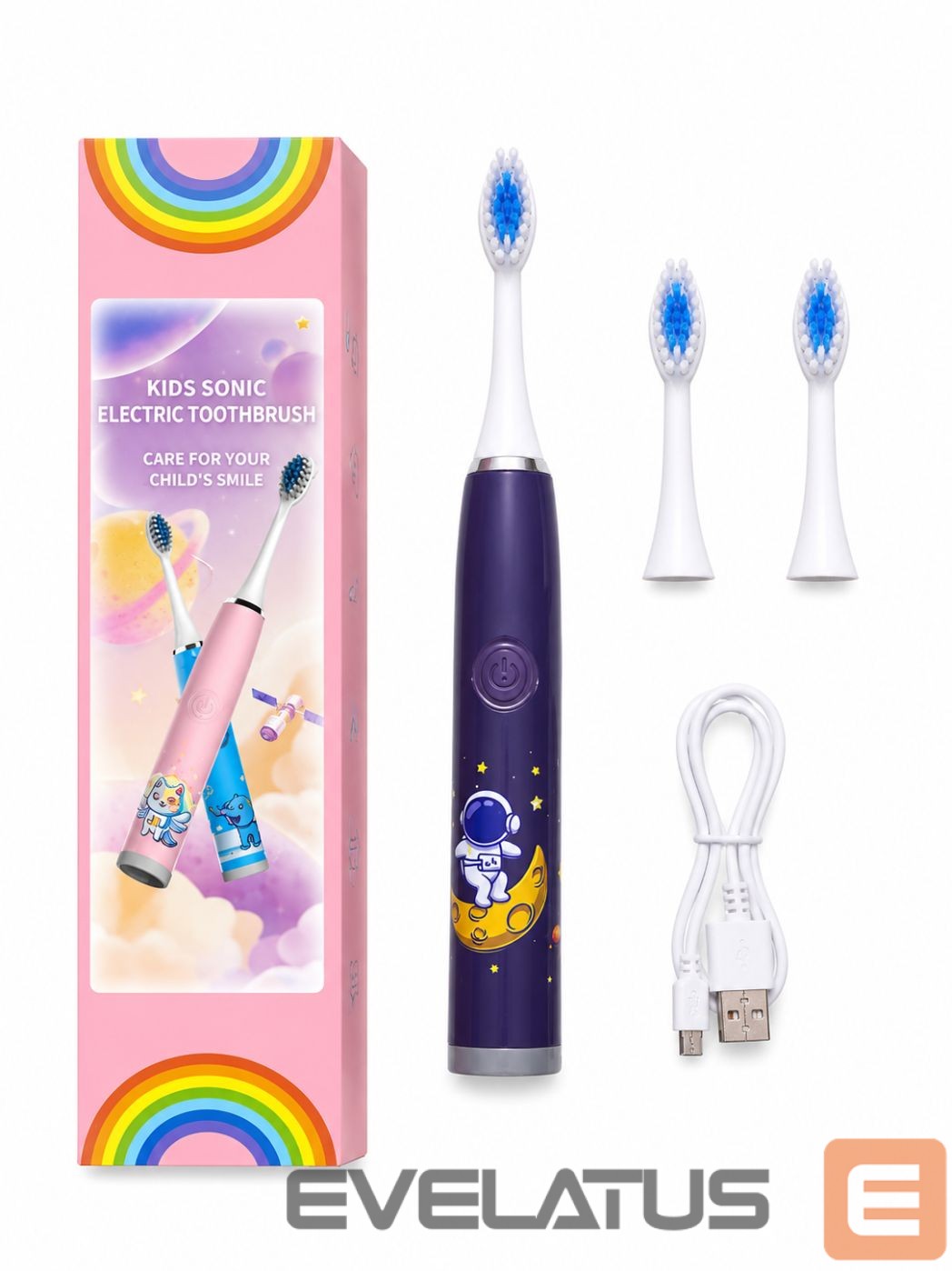 Зубная щётка iLike Kids Rechargeable Sonic Electric Toothbrush, USB Charging, 3 Brush Heads (1+2 Replacement Heads), Soft Bristles, Waterproof, Space Astronaut Design Purple