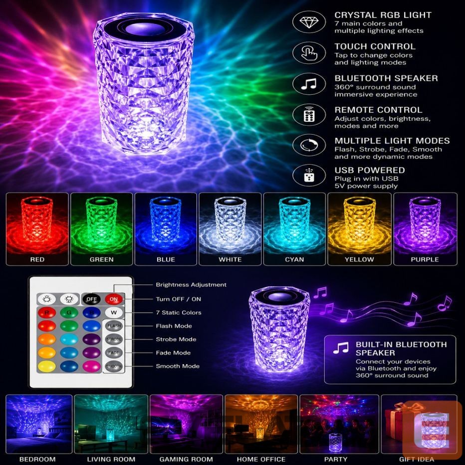 Настольная лампа iLike Crystal Touch RGB LED Lamp with Bluetooth Speaker, Ambient Night Light, Remote Control