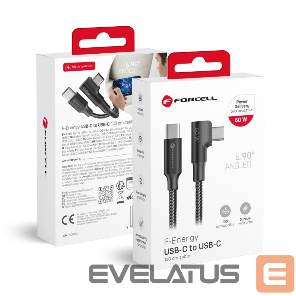 Кабель Forcell Cable USB C to USB C Forcell F-Energy QC4.0 PD 5A 100W Cafule 90° 2 m CC-1Deg black
